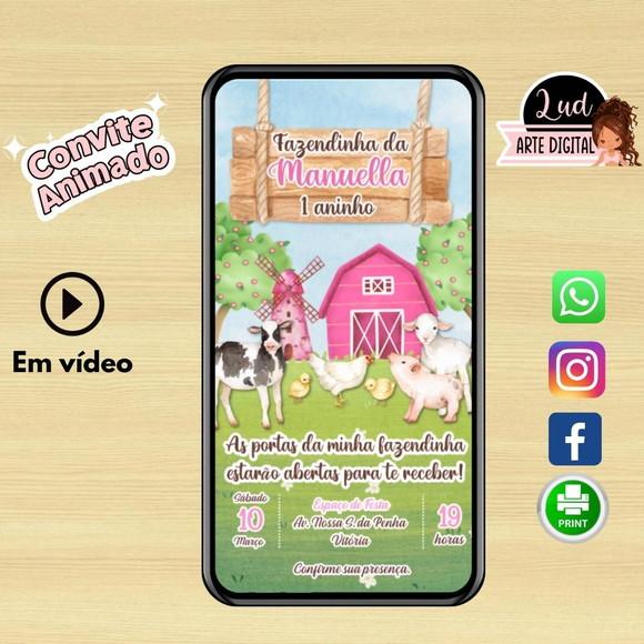 Convite Animado Vertical 20s Fazendinha Rosa
