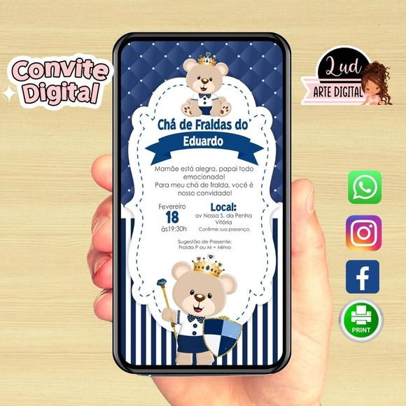 Convite Digital Chá de Fralda Ursinho Azul Marinho