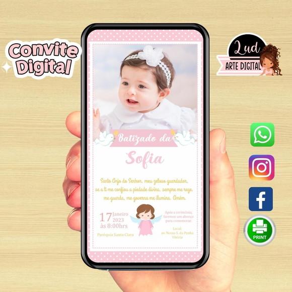 Convite Digital com Foto Batizado Menina