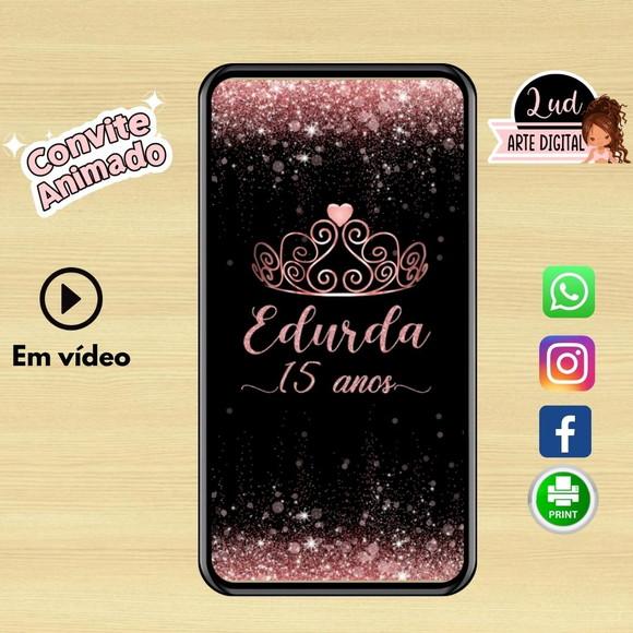 Convite Animado Vertical 30s 15 Anos Preto e Rosa