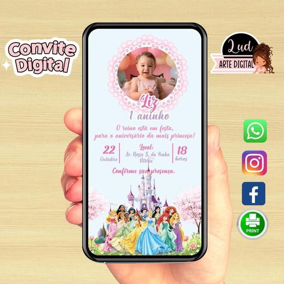 Convite Digital com Foto Princesas Disney