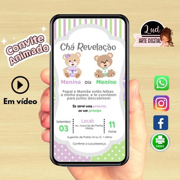 Convite Animado 30s Chá Revelação Ursinhos Lilás E Verde