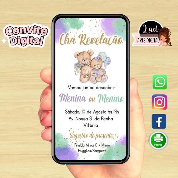 Convite Digital Chá Revelação Ursinhos Lilás e Verde