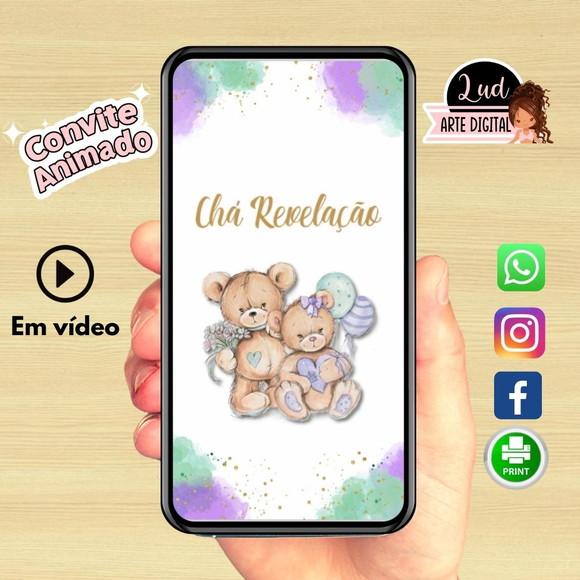 Convite Animado Chá Revelação Ursinhos Lilás e Verde