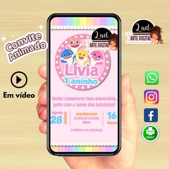 Convite Animado Vertical 30s Baby Shark Rosa