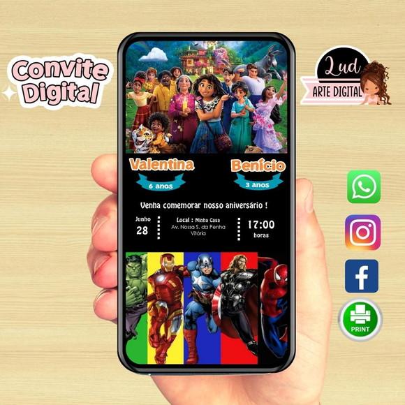 Convite Digital Dois Temas Encanto / Vingadores