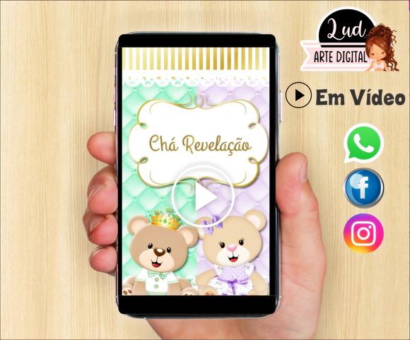 Convite Animado Chá Revelação Ursinhos Lilás e Verde