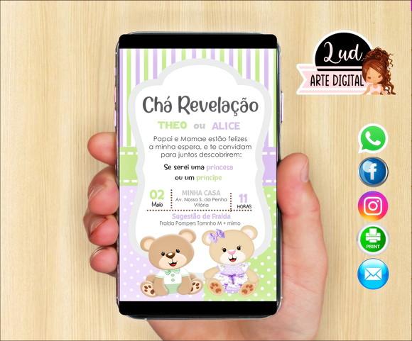 Convite Digital chá Revelação ursinhos Lilás e Verde