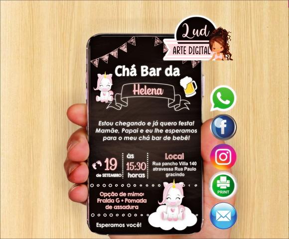 Convite Digital Chá Bar de Fralda unicórnio