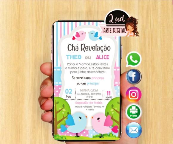 Convite Digital Chá Revelação passarinhos