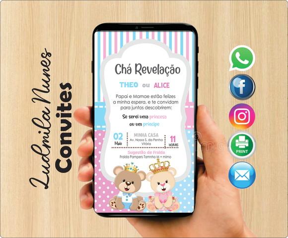Convite Digital chá Revelação ursinhos