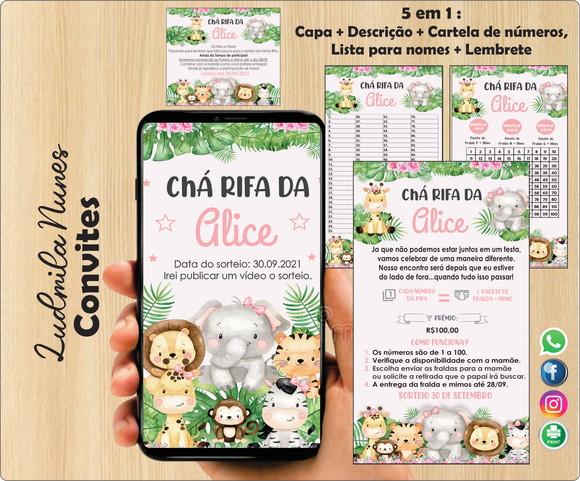 Convite Digital Chá Rifa SAFARI menina 5 em 1