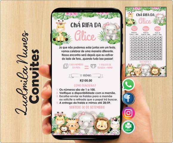 Convite Digital Chá Rifa safari menina + cartela
