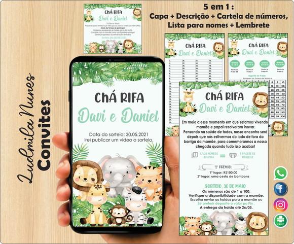Convite Digital Chá Rifa safari gêmeos - 5 em 1