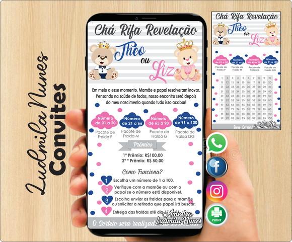 Convite Digital Chá Rifa Revelação ursinhos + Cartela