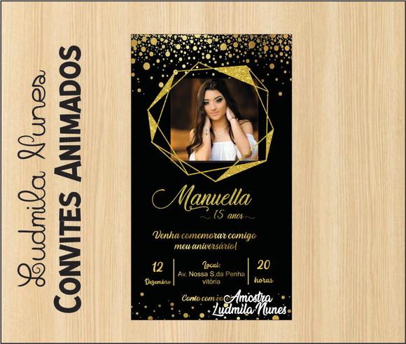 Convite Digital com foto 15 anos preto com dourado