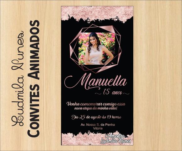 Convite Digital com foto 15 anos Rosa Gold e preto