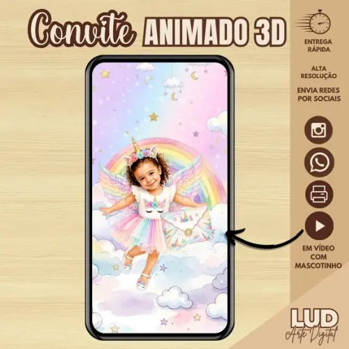 Convite Animado 3d com Mascotinho - Unicórnio
