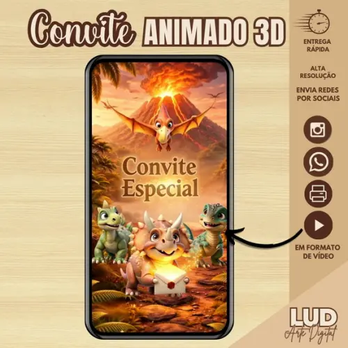 Convite Animado 3d Dinossauro