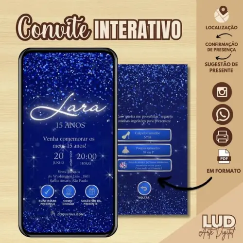 Convite 15 Anos Interativo Azul com Glitter