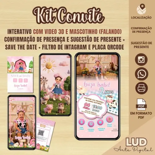 Kit Convite Interativo com Video 3d Fazendinha e Outros