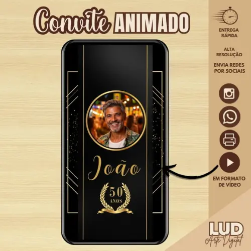 Convite Animado Adulto 50 Anos Preto e Dourado