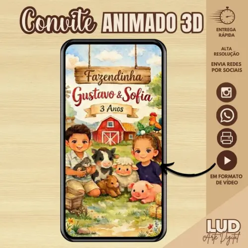Convite Animado 3d com Mascotinho - Fazendinha