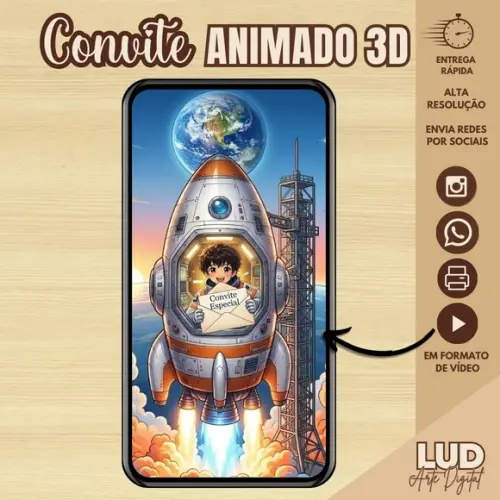 Convite Animado Video 3d e Mascotinho - Astronauta/galáxia