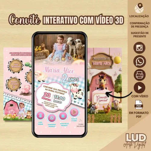 Convite Interativo com Video 3d e Mascotinho - Fazendinha