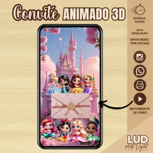 Convite Animado 3d Princesas Disney
