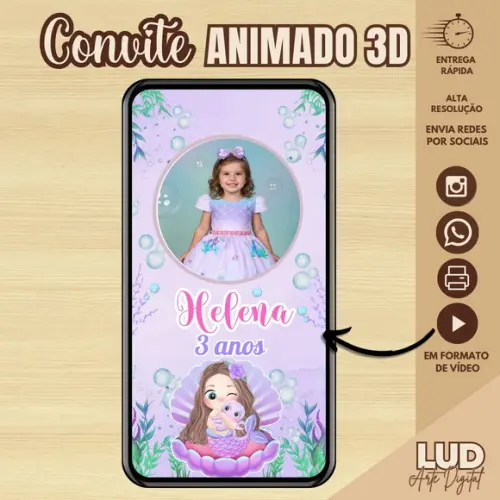 Convite Animado 3d Sereia / Fundo do Mar