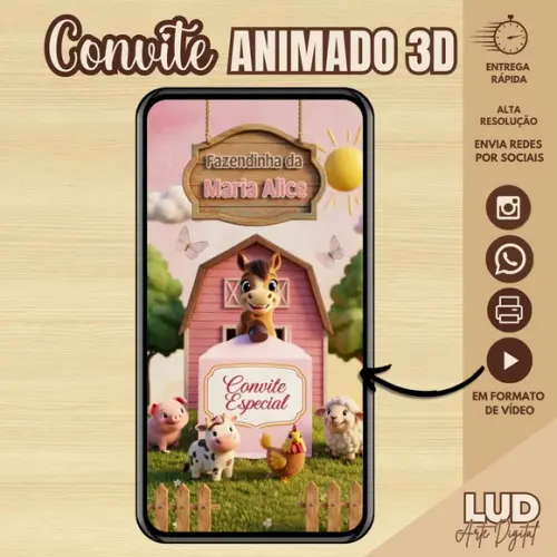 Convite Animado 3d com Mascotinho - Fazendinha