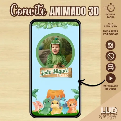 Convite Animado Dinossauro Baby 3d