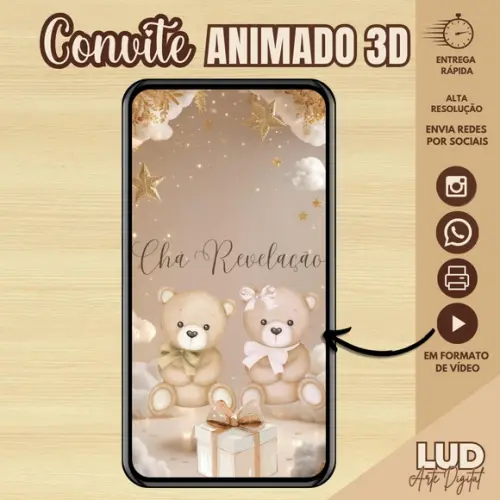 Convite Animado 3d Chá Revelação Ursinhos / Bege