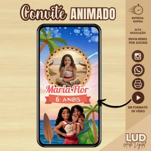Convite Animado 3d Moana 2