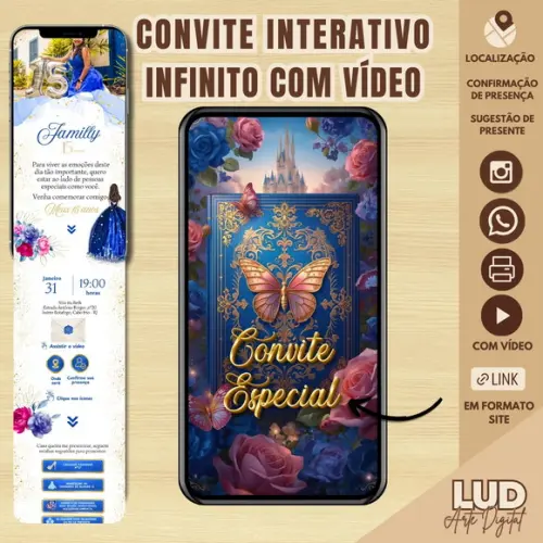 Convite Infinito Interativo 15 Anos Azul Royal e Pink