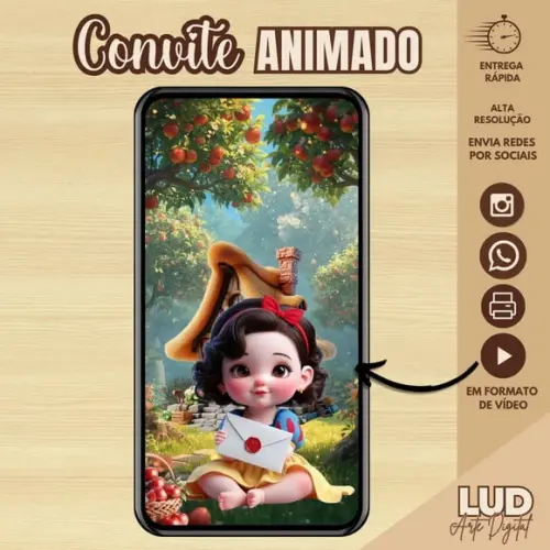 Convite Animado 3d Branca de Neve Baby/cute