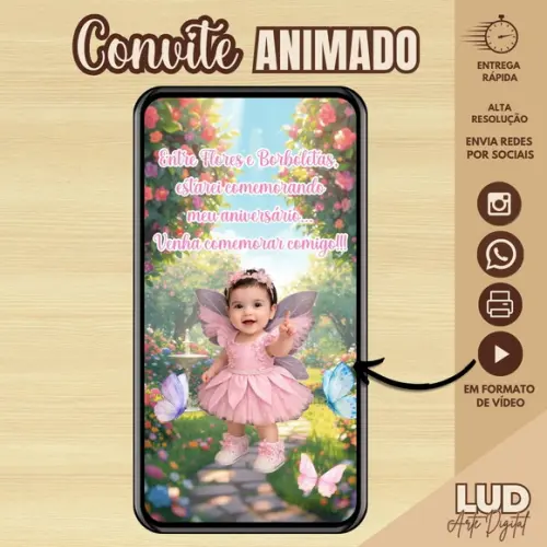 Convite Animado 3d com Mascotinho - Jardim das Borboletas
