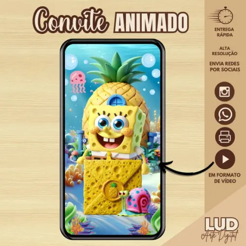 Convite Animado Bob Esponja 3d
