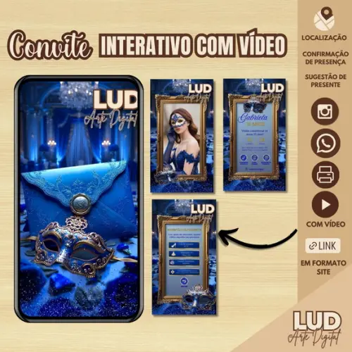 Convite Interativo com Vídeo 15 Anos Mascara Azul e Dourado