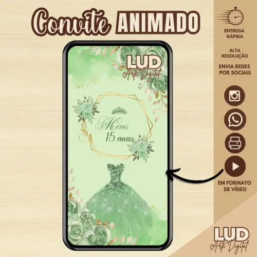 Convite Animado 15 Anos Tiana Verde e Dourado