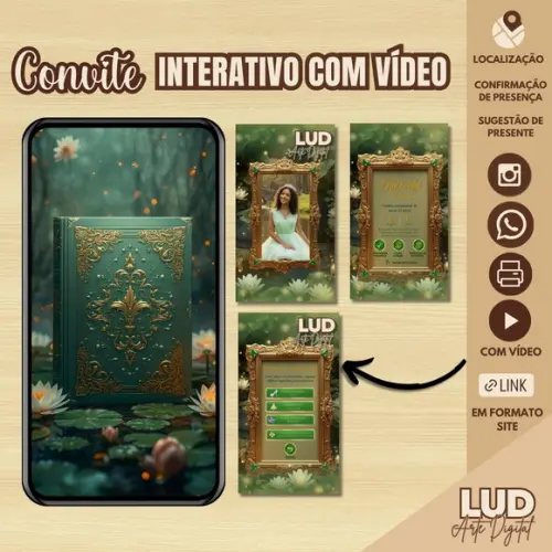 Convite Interativo com Vídeo 15 Anos Tiana Verde e Dourado
