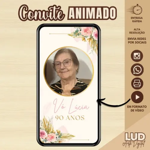 Convite Animado Adulto Floral Rosa e Dourado 90 Anos (30 Fts