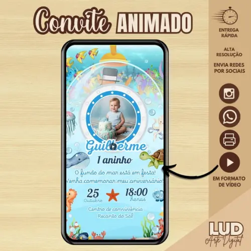 Convite Animado Vertical 30s Fundo do Mar