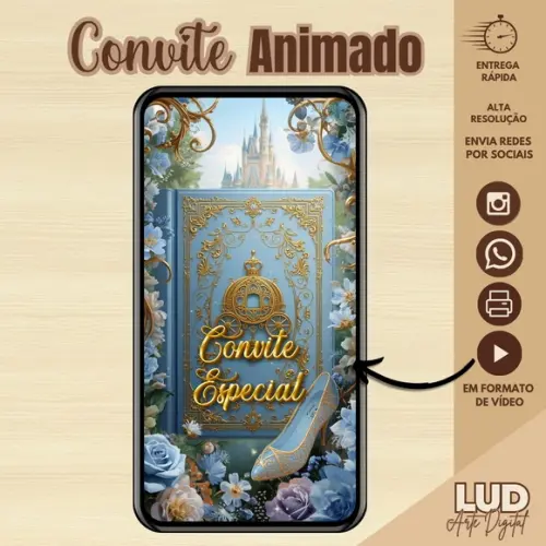 Convite Animado 15 Anos Cinderela Azul e Dourado