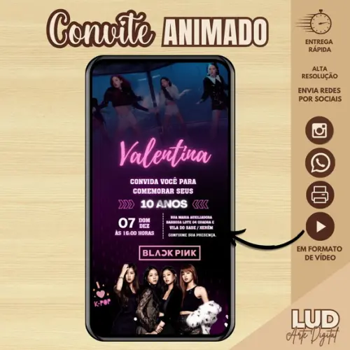 Convite Animado 30s Black Pink