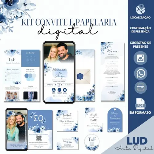 Kit Convite Interativo e Papelaria Digital Casamento Azul