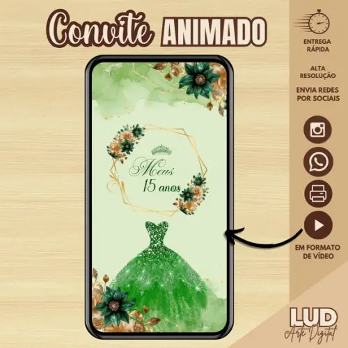 Convite Animado 15 Anos Verde e Dourado