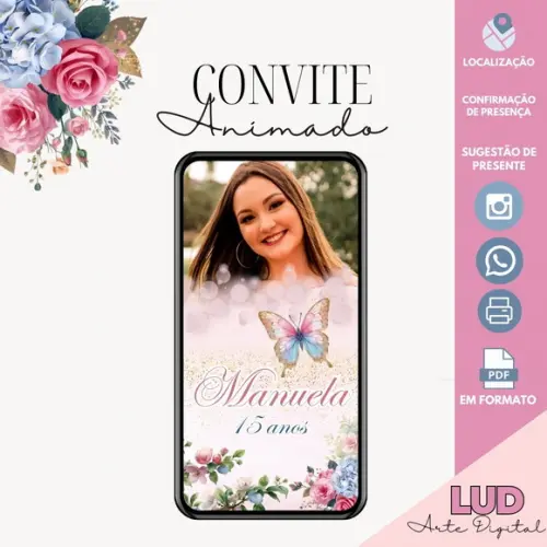 Convite Animado 15 Anos Jardim / Borboletas Rosa e Dourado
