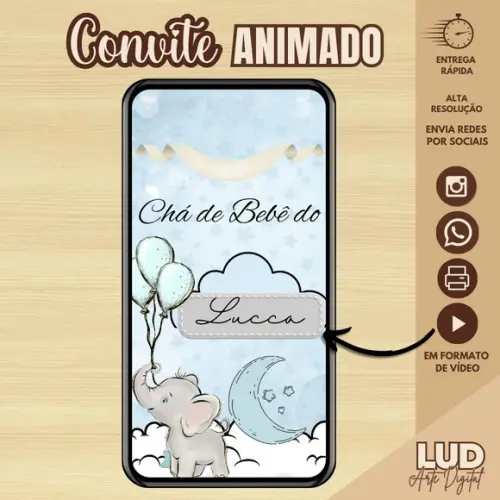 Convite Animado Chá de Fralda/bebê Elefantinho Menino